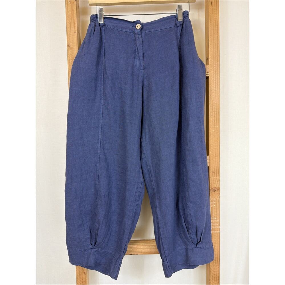 NWT Lands Downunder Blue Stretchy Waist Linen Crop Harem Pants #1392 Size LG